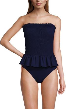 Lands End Smocked Bandeau Peplum One Piece Swimsuit in Deep Sea Navy at Nordstrom, Size 12
