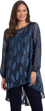 Klass Feather Shimmer Dip Hem Georgette Tunic Top - Midnight/Gold - 10