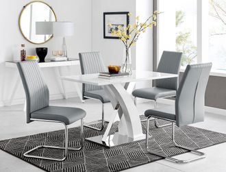 Furniturebox Atlanta White High Gloss & Chrome 4 Seater Dining Table with X Shaped Legs & 4 Faux Leather Lorenzo Chairs in Grey