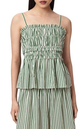 AllSaints Kali Stripe Smocked Cotton Peplum Tank in Apple Green/White at Nordstrom, Size 12 Us