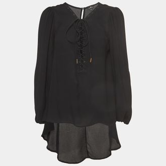Elisabetta Franchi Black Crepe Lace-Up Neck Camicia Blouse L