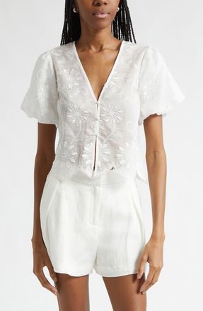 Ramy Brook Chrissie Embroidered Puff Sleeve Crop Top in Ivory Organza at Nordstrom, Size Xx-Large