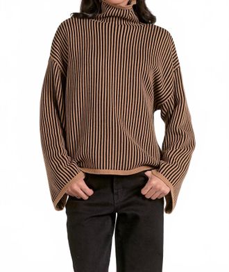 Elan Striped Long Sleeve Sweater In Tan Black Stripe