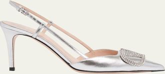 Valentino Garavani 80mm VLogo Signature Strass Metallic Leather Slingback Pumps
