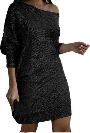 Generic Sparkly Dresses for Women UK Long Sleeve Elegant-Cocktail Dress for Women Off Shoulder Evening Women Dresses Party Sequin Dress Plus Size White Dress 