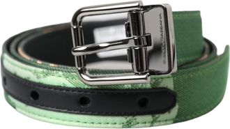 Dolce & Gabbana Green Leather Jacquard Silver Metal Buckle Mens Belt