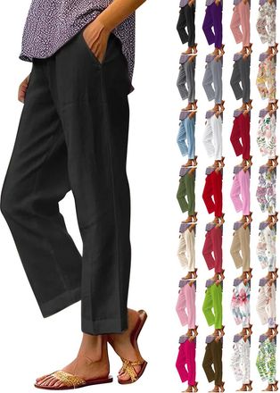 Generic Palazzo Trousers for Women UK, Linen Womens Ladies Summer Cotton Trouser Cropped High Waisted Capri Pants Casual Lightweight Straight Leg Lounge Botto