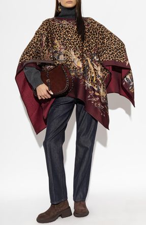 Etro Wool Poncho With Animal Motif, Womens, Brown