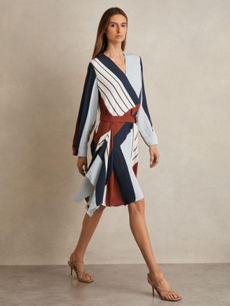Reiss Womens Navy Blue & Brown Striped Wrap Dress, Size: 10