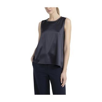 PESERICO Sleeveless Tops, female, Blue, S, Round-neck top in shiny silk satin