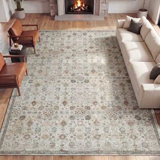 Jonathan Y Designs Petunia Distressed All-Over Floral Border Non-Slip Machine-Washable Rug in Beige/cream at Nordstrom, Size 3Ft 0In X 5Ft 0In