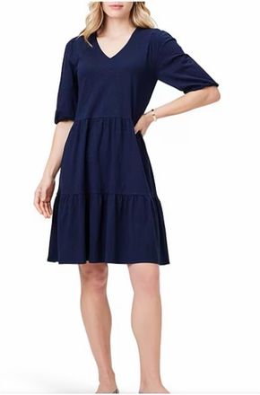 Nic+Zoe V Neck Elbow Sleeve Tiered Dress In Dark Indigo