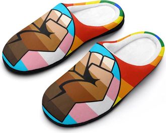 Generic LGBT Gay Trans BLM Fist Flag Mens Soft Cotton Slippers with Memory Foam Anti-skid House Shoes for Travel Indoor Outdoor