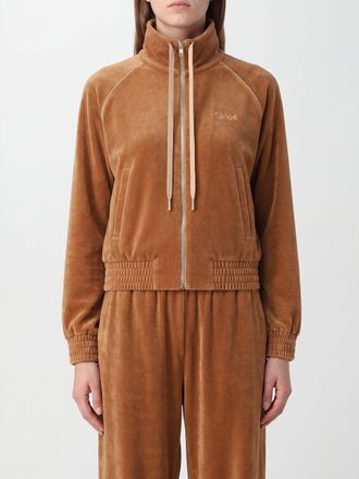 Chlo&eacute; Felpa in velluto di cotone con zip, collo alto e logo a contrasto