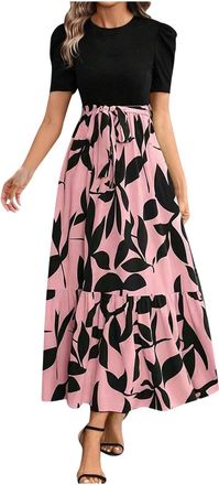 Generic Womens Short Sleeve Summer Maxi Dresses Loose Elegant High Waist Long Dress Sale Clearance Floral Print Crew Neck Going Out Dresses Flowy Casual Work 