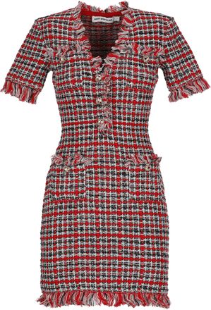 Self Portrait Checkered Midi Dress With Fringed Neckline And Jewel Buttons