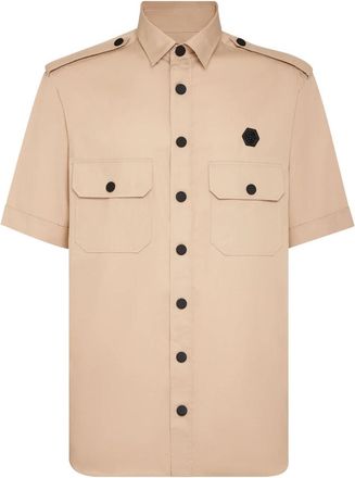 Philipp Plein Military Shirt SS Gothic Plein - Heren - Korte mouwen Overhemden - Beige - XS - Katoen - Overhemden