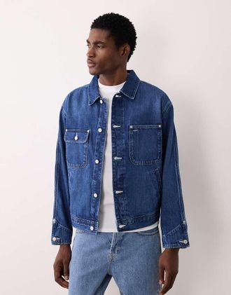 Polo Ralph Lauren Sport Capsule - Giacca trucker in denim blu con logo a bandiera