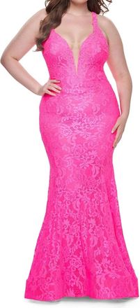 La Femme Plunging Neckline Fitted Prom Dress - Plus In Neon Pink