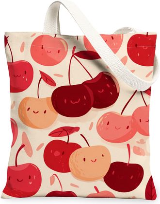Generic Cherries Print Canvas Tote Bags, Cute Fruit Design Reusable Grocery Bags, Spring Casual Lightweight Washable Shoulder Strap, Red, 13x15 Inch