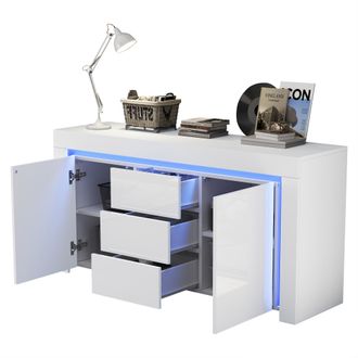 STILVORA Credenza Con 2 Ante 3 Cassetti E Led, Frontale Lucido, Per Soggiorno In Mdf, Bianco, 140 &times; 40 &times; 65 Cm