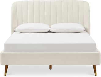 Castlery White Upholstered Queen Bed with Channel Tufted Winged Headboard for Women
