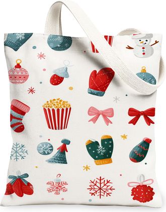 Generic Christmas Snowflake Canvas Tote Bags, Holiday Mittens Design Reusable Grocery Bags, Winter Lightweight Washable Shoulder St, White, 13x15 Inch