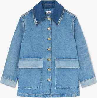 Ganni Blue Jacket in Patchwork Denim - Size XXS/XS Organic Cotton