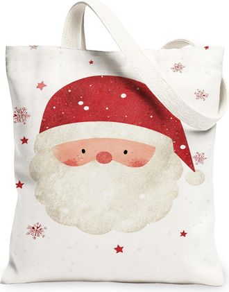Generic Santa Canvas Tote Bags, Cute Holiday Character Reusable Shopping Bags, Fanciful Lightweight Washable Shoulder Strap for Gift Giving Decor 13x15 Inch