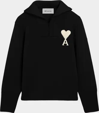 Ami Men & apos;s Wool Intarsia-Logo Half-Zip Polo Sweater