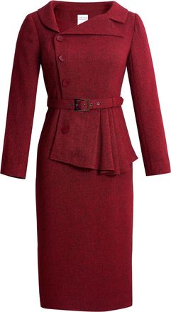 Chic Star Womens Formal Dress, Asymmetric Button Closure, Belted Waist, Long Sleeves, Tweed Fabric, Red, M