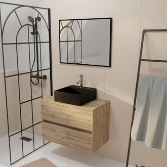 Aurlane Aurlane - Mueble Ba&ntilde;o 80cm 2 Cajones Roble + Lavabo Negro 41x41x15cm + Espejo 60x80cm