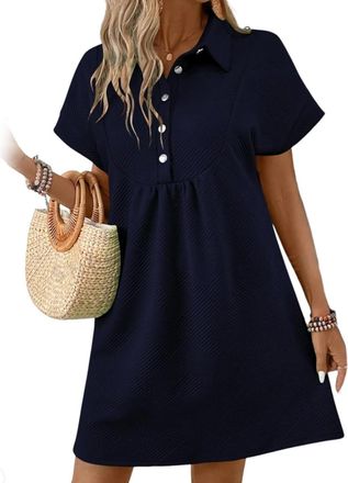 Generic Womens Fashionable Unique Geometric Texture Short Sleeve Lapel Casual Dress (Black,XL)