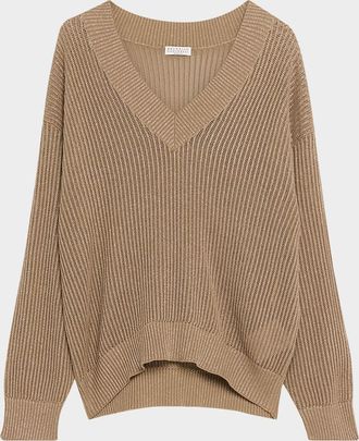 Brunello Cucinelli Metallic Open Rib V-Neck Sweater