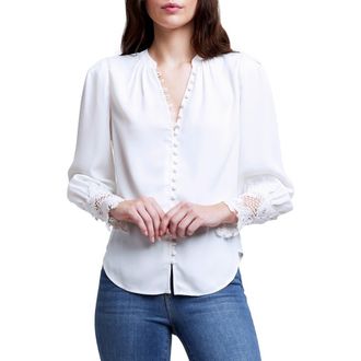 L'agence Ava Lace Cuff Button-Up Blouse in Ivory at Nordstrom, Size X-Large