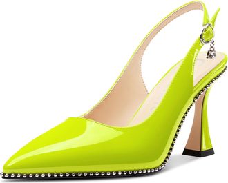 Castamere Womens Slingback Kitten Heel Close Pointed Toe Pumps Court Shoe Chunky Wedding Party Dress Shoes 9 CM Heels Yellow Green 3.5 UK