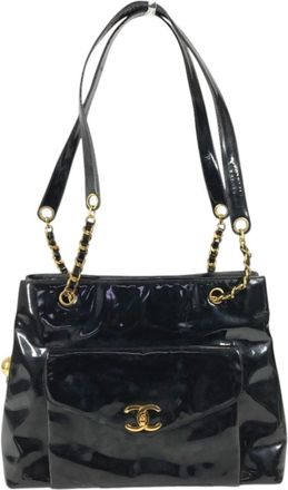Chanel Black Gold Patent Leather Shoulder Bag Tote Bag (Pre-Owned)