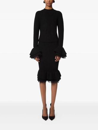 Nina Ricci Round Neck Layered Mix Ruffled Wool Knit Top In Black