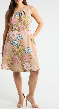 Tahari by ASL Floral Belted Pleat Neck Dress in Blush Toast at Nordstrom, Size 18W