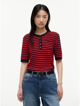 Tommy Hilfiger Womens Gold-Button Striped Henley Sweater - Navy Blue / Fire Red - XL