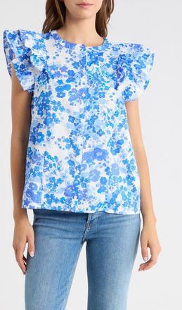 Sugarlips Riona Floral Sammi Cotton Button-Up Shirt in White-Blues-Multi at Nordstrom, Size X-Large