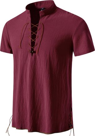 PARKLEES Mens Cotton Retro Lace Up Short Sleeve Shirts for Renaissance Pirate Viking Medieval Halloween Cosplay Costumes Burgundy XX-Large