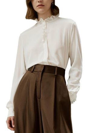 LilySilk Cr&ecirc;pe de Chine Silk Blouse with Ruffle Edge in Natural White at Nordstrom, Size 12