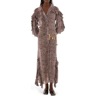 Farm Rio Baby Leopard Ruffle Long Sleeve Maxi Shirtdress in Baby Leopard Pink at Nordstrom Rack, Size Xx-Small