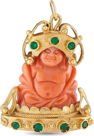 Luxury Bazaar 18K Yellow Gold Carved Coral and Emerald Happy Buddha Pendant MF30-080426