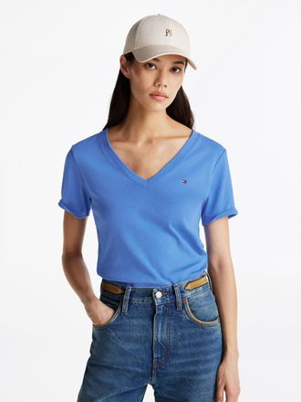 Tommy Hilfiger T-Shirt TOMMY HILFIGER SLIM CODY V-NK SS mit V-Ausschnitt und Streifen, Damen, Gr. S (36), blau (blau spell), Jersey, Obermaterial: 100% Baumwolle, un