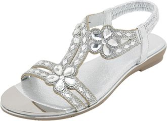 Generic Women Summer Elastic Strap Rhinestone Casual Open Toe Flat Sandals with Soft Breathable Sole (Silver, 4.5)