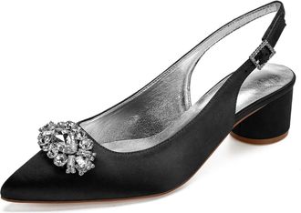 Generic Wedding Shoes Womens Low Heels Pointed Toe Bridal Heels Comfortable Satin Chunky Heels Prom Party Dress Shoes 4.5Cm,Black,7 UK