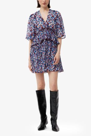Ganni Multicolour Pleated Georgette V-neck Flounce Mini Dress - Size 42 Mixed