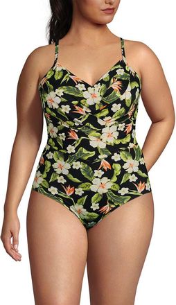 Lands End Slender Suit V-neck Pleated X-back One Piece Swimsuit Adjustable Straps in Hibiscus Floral/black at Nordstrom, Size 20W